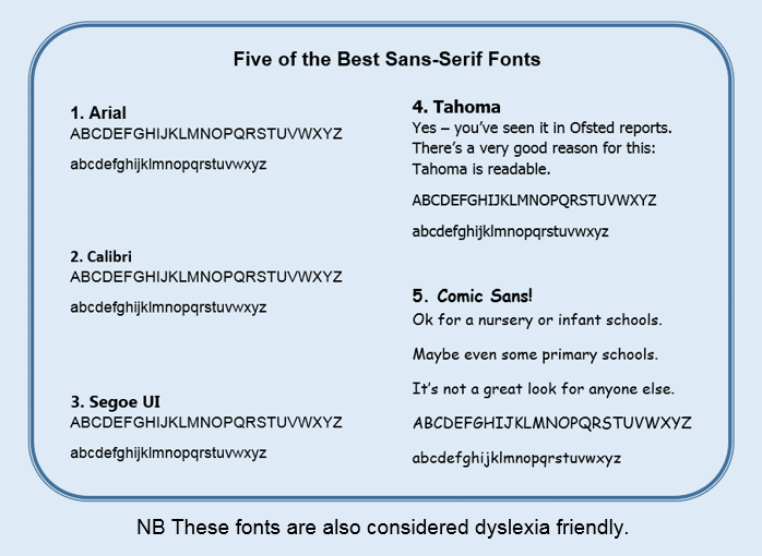 Shows five accessible fonts for people with vision loss or dyslexia.