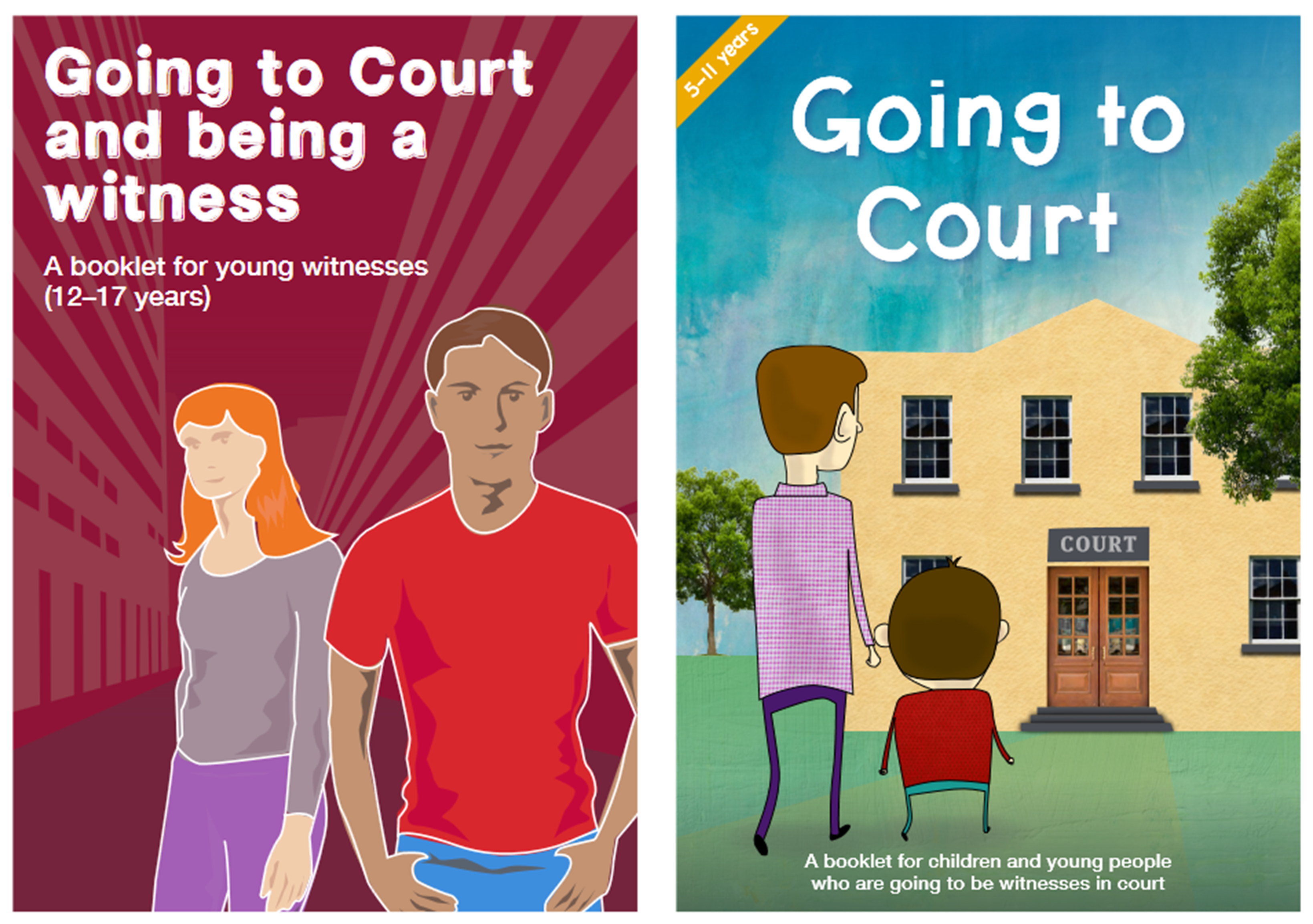 Image shows front covers of both Going to Court books (one for 12-17 year olds, the other for 5-11 year olds).