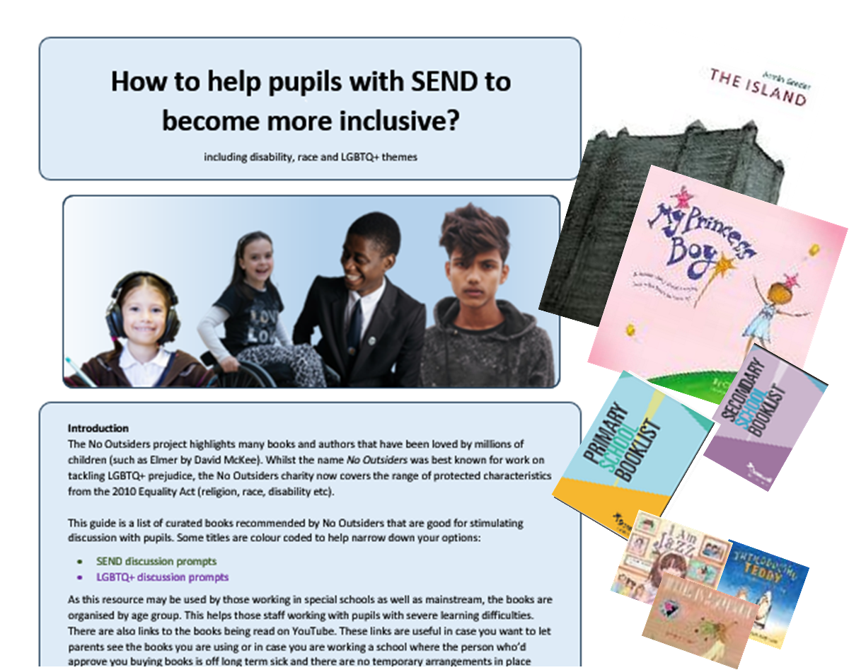 Montage of resources for LGBTQ awareness that can be used for SEND pupils in mainstream or special schools.
