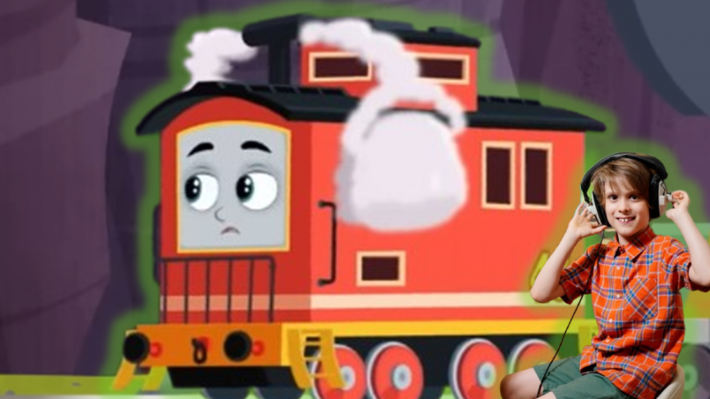 Bruno the Brake Car - a character from Thomas the Tank Engine who is autistic. Also shown is Elliot, a young autistic boy who voices the character.