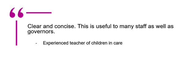 Quote from Governor Guide to CIC / LAC guide that reads:
"Clear and Concise. This is useful to many staff as well as governors."
The quote is from an experienced teacher of children in care.