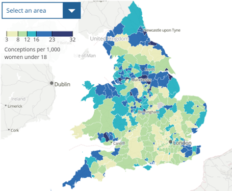 Map showing rates of teenage pregnancy in England & Wales in 2021 according to the Office for National Statistics.