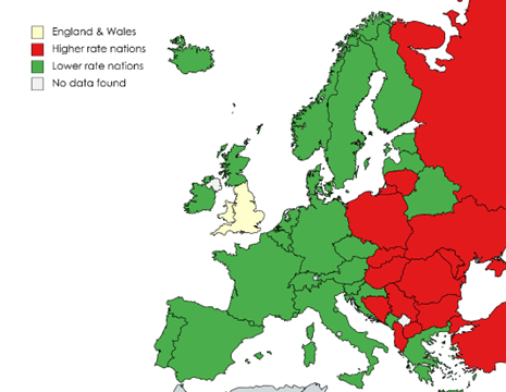 Map of Europe that compares % of babies born to teenage mothers in England & Wales to the rest of Europe.
