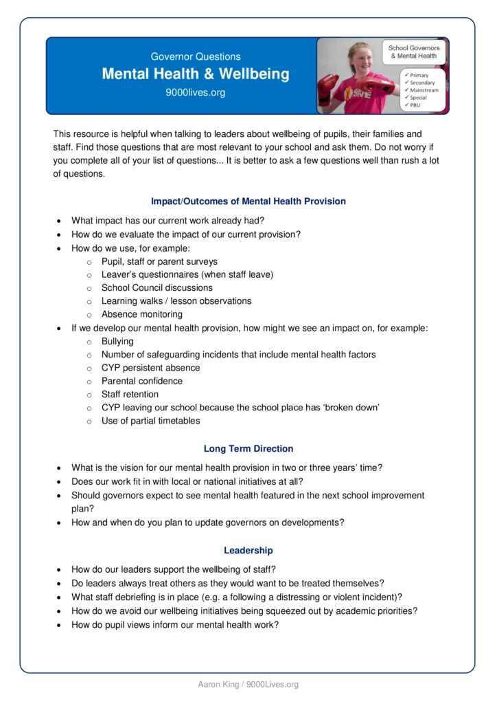 Screenshot of mental health questions for governors in maintained and academy schools (page 1). This can be downloaded for free from the current page of 9000lives.org