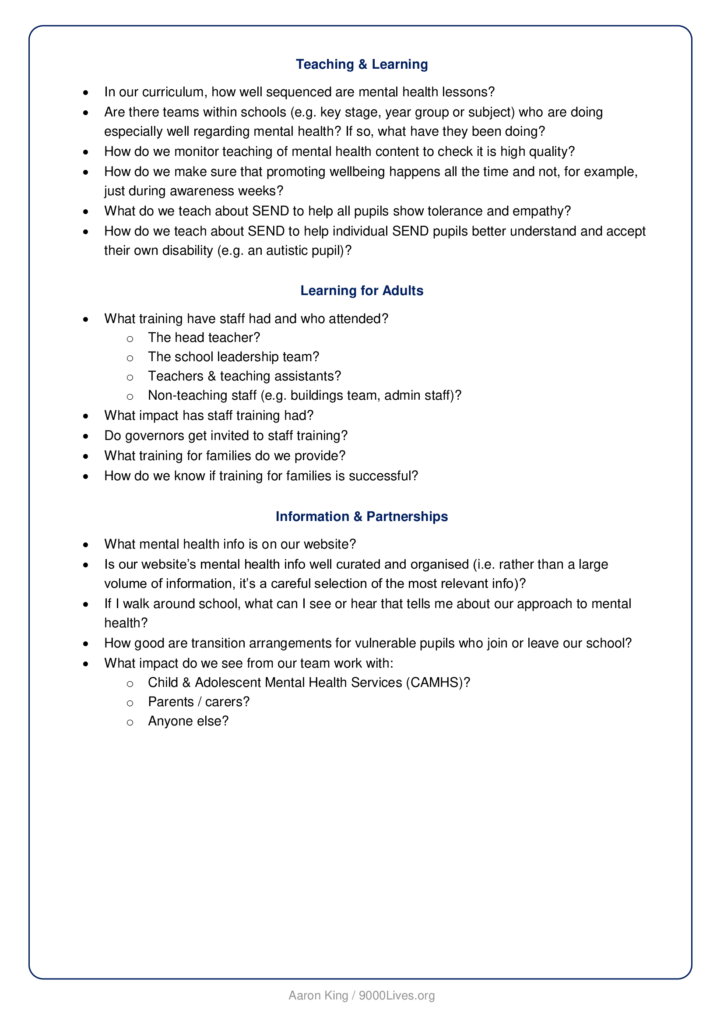 Screenshot of mental health questions for governors in maintained and academy schools (page 2). This can be downloaded for free from the current page of 9000lives.org
