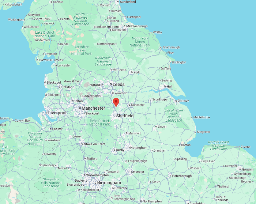 Map of some areas covered by 9000 lives SEND consultancy. Pin is in South Yorkshire (Barnsley, Rotherham, Doncaster, Sheffield). Map covers area form Norfolk and Northampton in the south of England to Newcastle and Northumberland in the north of England.