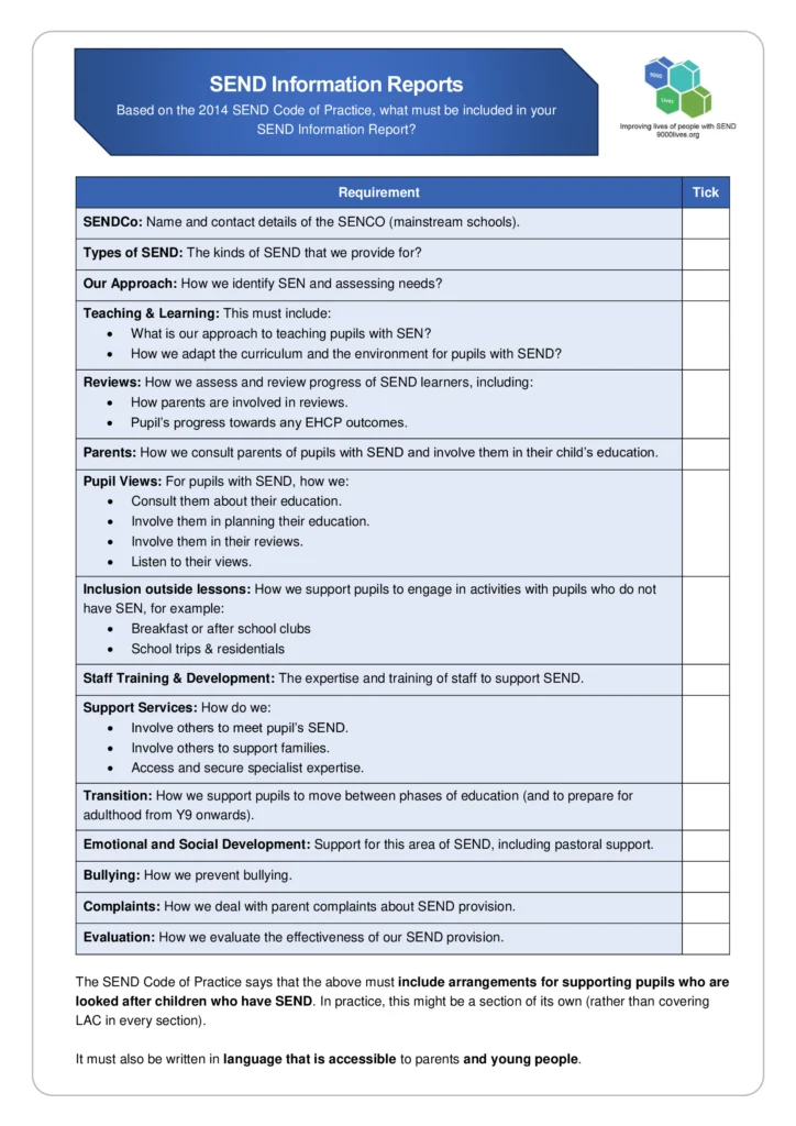 Screenshot of document called "What needs to be in a SEND information report" The screenshot is page 1. The full document can downloaded free from the webpage that you're on.